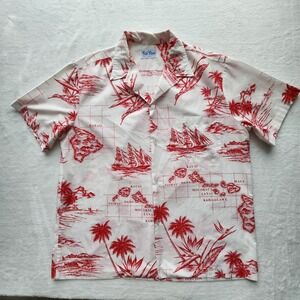 Kai Nani Hawaiian Shirt Mens XL Red White Tapa Tiki Boat Island Print Hawaii Top